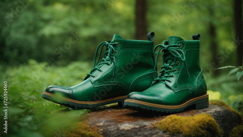 Trendy Strides: Dark Green Boots Pair on a Light Green Background © niji