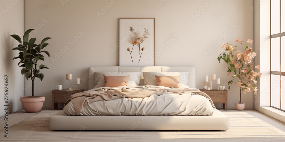 Peach fuzz bedroom design with peach shades. stylish bedroom with green indoor plants on corner and frame mockup on back wall, trendy color of the year 2024, peach fuzz interior design Peach fuzz bedroom design with peach shades. stylish bedroom with green indoor plants on corner and frame mockup on back wall, trendy color of the year 2024, peach fuzz interior design