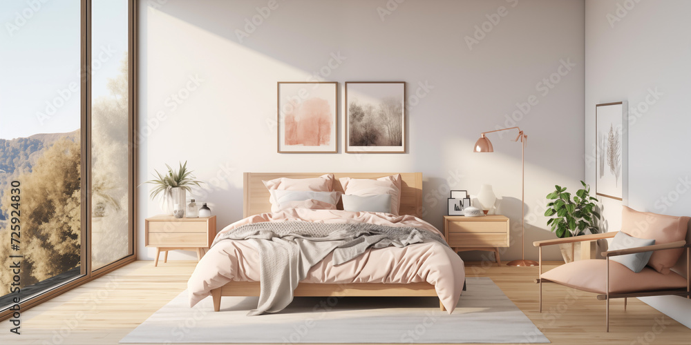 Peach fuzz bedroom design with peach shades. stylish bedroom with a bed and chair with two mockup on background, trendy color of the year 2024, peach fuzz interior design Peach fuzz bedroom design with peach shades. stylish bedroom with a bed and chair with two mockup on background, trendy color of the year 2024, peach fuzz interior design