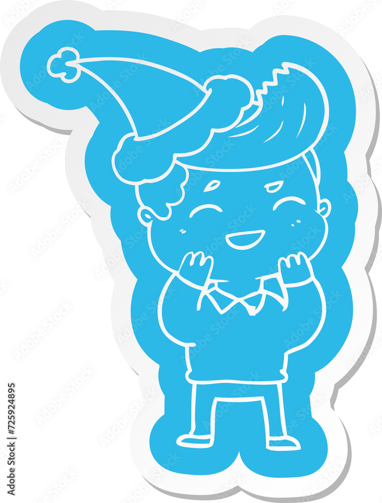 Fototapeta premium cartoon sticker of a man laughing wearing santa hat
