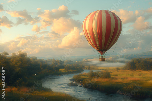 A serene countryside with rolling hills and a winding river, under a colorful hot air balloon. Created with generative AI.