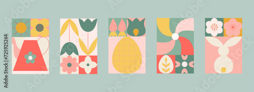 Abstract modern easter geometric cards, banners. Spring, easter postcards with flowers, bunny, pinwheel.