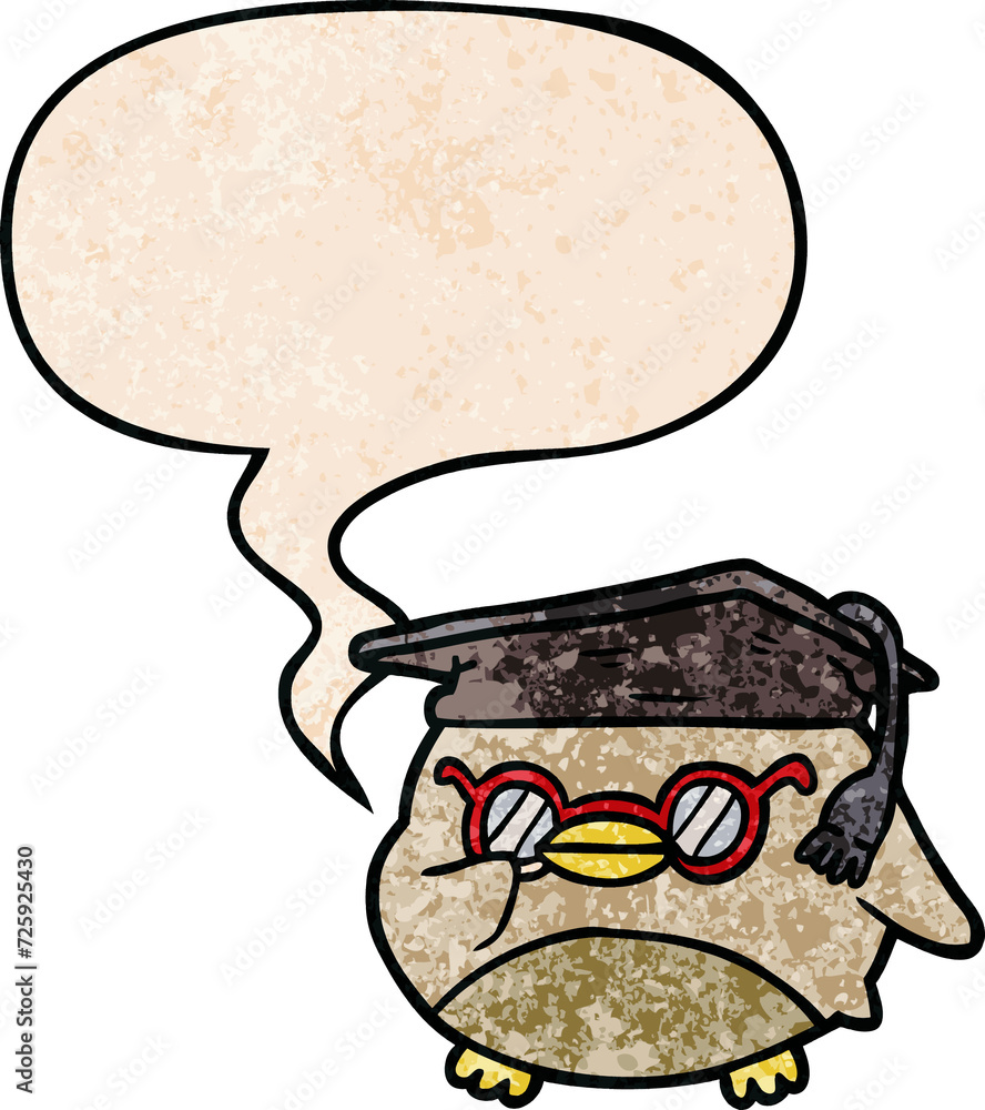 cartoon clever old owl and speech bubble in retro texture style cartoon clever old owl and speech bubble in retro texture style