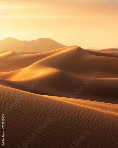 Desert sand dunes at sunset in the Sahara desert, Morocco. Endless desert, capturing the solitude of a barren landscape. 