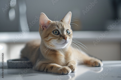 Beautiful cat sits on the countertop. Minimalistic pets style isolated over light background