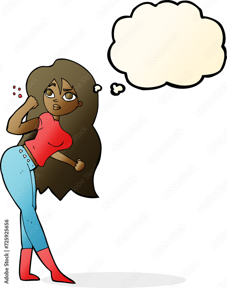 cartoon woman raising fist with thought bubble cartoon woman raising fist with thought bubble