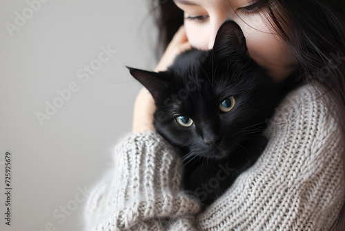 Black cat sits in the arms of a girl. Minimalistic pets style isolated over light background