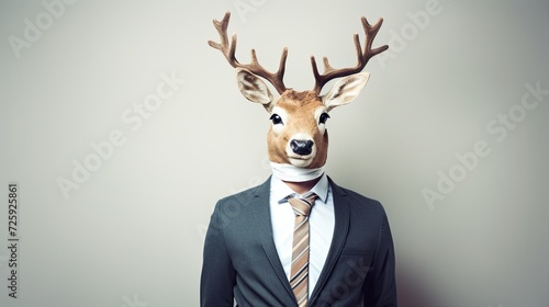 Man Wearing Suit and Tie With Deers Head on His Head © Andrii