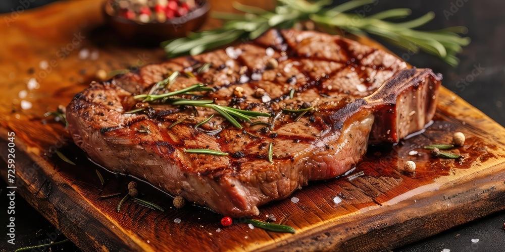 T-Bone Steak Grilled to Perfection! Sprinkled with Rosemary and Spices on a Rustic Background - Tempting and Flavorful