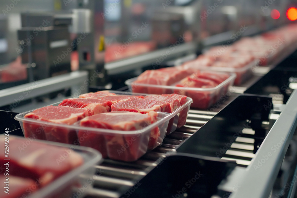 Trays of red meat move along a conveyor belt in an industrial setting, reflecting a process-focused environment. efficiency in food production, industrial and supply chain topics.