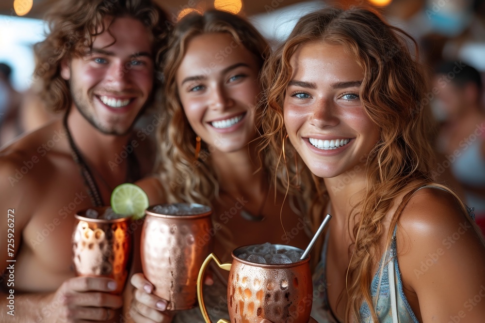 A cheerful group of friends enjoy a refreshing drink from copper mugs while basking in the sun's warm rays, showcasing their unique personalities through their beaming smiles and stylish clothing A cheerful group of friends enjoy a refreshing drink from copper mugs while basking in the sun's warm rays, showcasing their unique personalities through their beaming smiles and stylish clothing