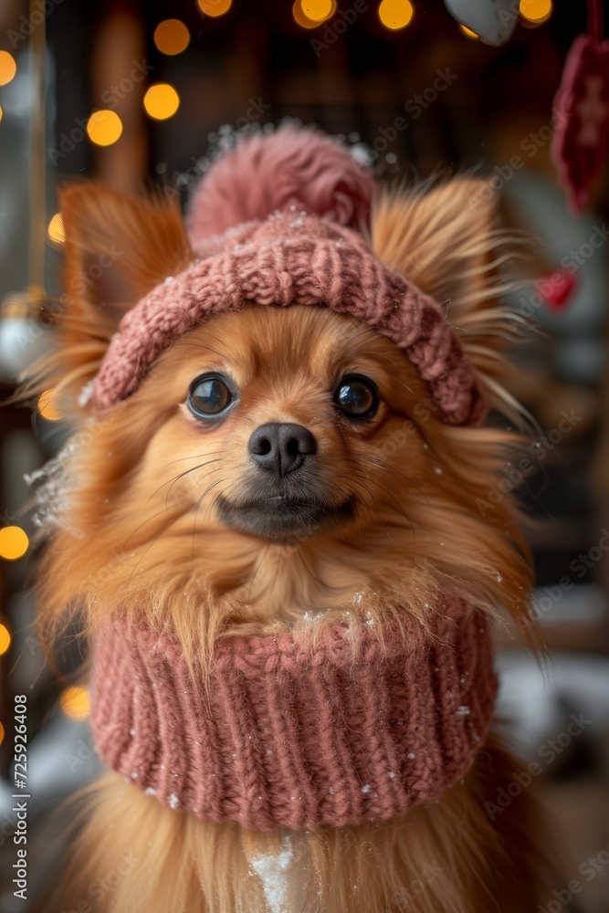 A stylish brown dog of a specific breed proudly dons a cozy hat and scarf while posing indoors as the perfect pet