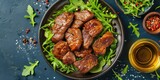 Slices of Fried Meat from Above! With Olive Oil Salad, Seasonings on a Dark-Blue Desk - Healthy and Delicious - Soft Natural Light