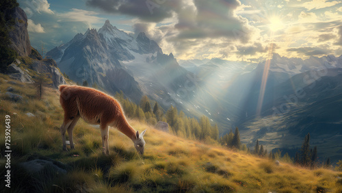 Morning Graze  A Lama in the Alpine Sunlight