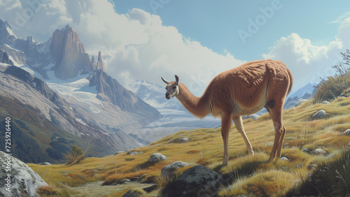 Alpine Serenity: A Lama Grazing in Morning Light © 대연 김
