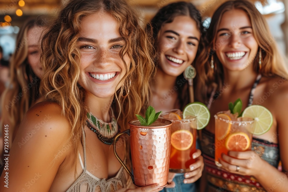A vibrant group of stylish women share smiles and sips of refreshing cocktails in the sunny outdoors, radiating joy and feminine energy A vibrant group of stylish women share smiles and sips of refreshing cocktails in the sunny outdoors, radiating joy and feminine energy