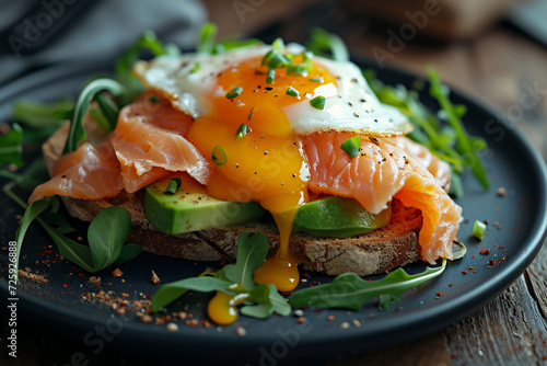 An open-faced sandwich with raw salmon, a cooked egg, and arugula on a dark plate with a vibrant yolk. The image is appetizing, perfect for culinary blogs and healthy eating guides.