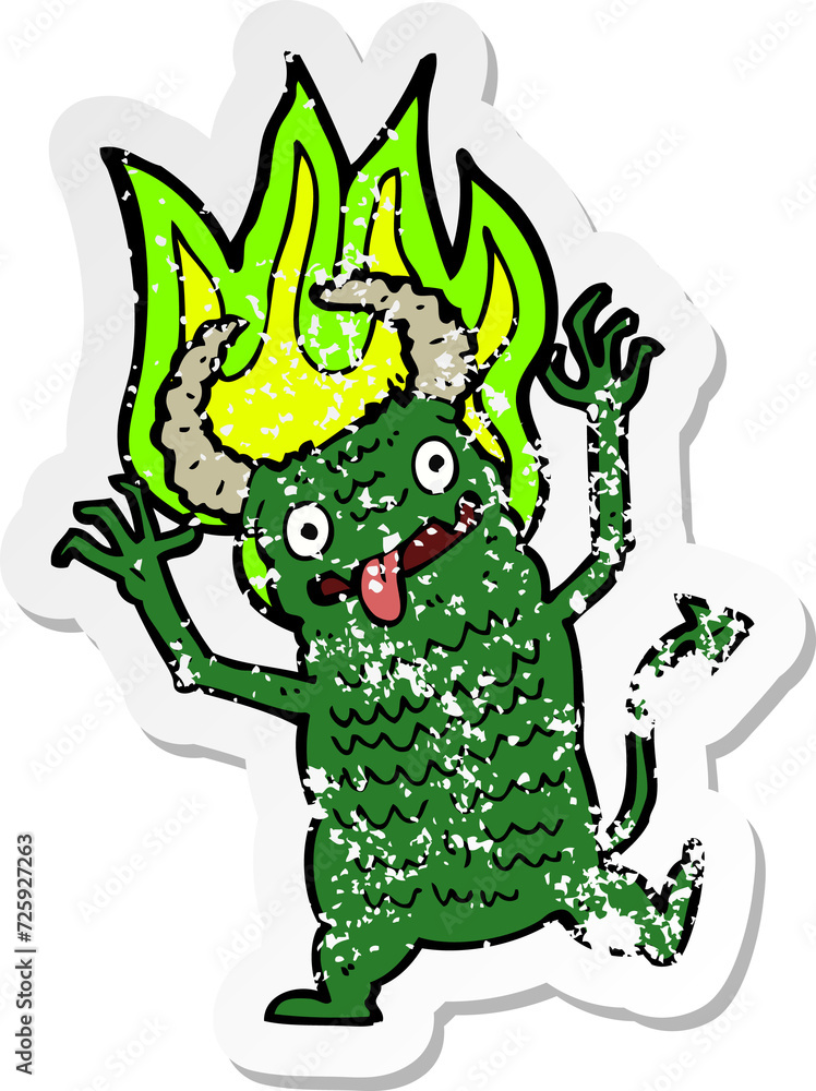 retro distressed sticker of a cartoon demon retro distressed sticker of a cartoon demon