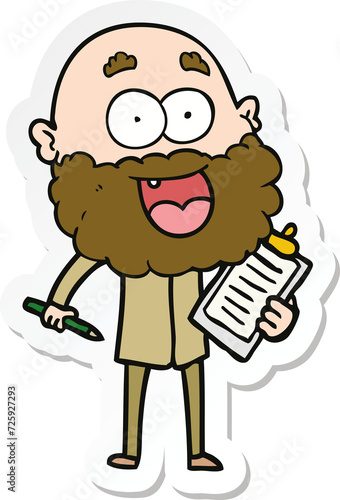 sticker of a cartoon crazy happy man with beard and clip board for notes