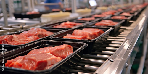 Trays of red meat progress through an automated processing line, inside a meatpacking facility. streamlined efficiency of food production, industrial automation and supply chains.