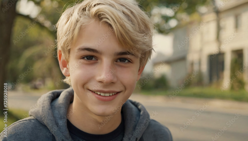Young Blonde Man Smiling in Gray Sweater - Friendly and Radiant Portrait Young Blonde Man Smiling in Gray Sweater - Friendly and Radiant Portrait