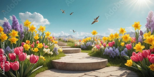 Product podium for product presentation and display with garden summer and spring flowers, floral summer background podium for cosmetic, with nature in the background. Generating AI photo