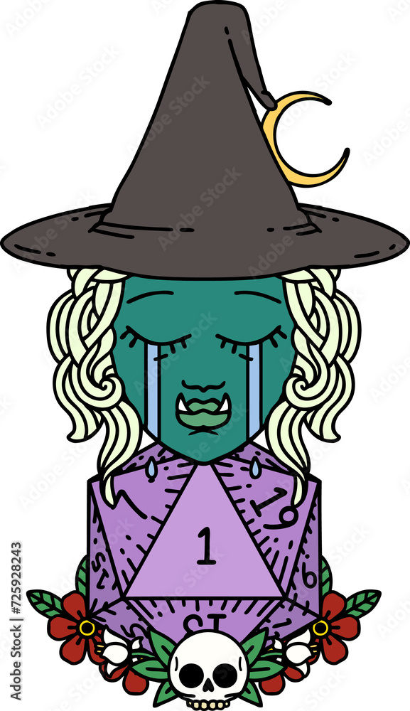 sad half orc witch character with natural one D20 roll illustration