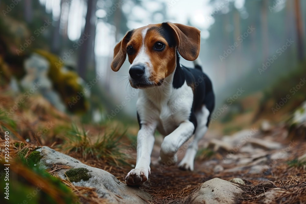 Beautiful black and white red dog Beagle running along the forest path to the camera