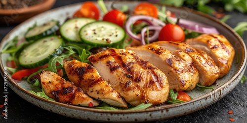 Grilled Chicken and Mushrooms from the Top! With a Side of Salad, Cucumber, Cherry Tomatoes, and Red Onion - Drizzled with Creamy Goodness - Delicious and Wholesome - Soft Natural Light