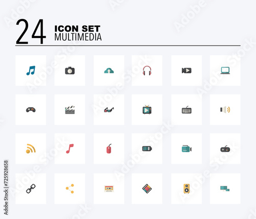 24 ICON SET ABOUT MULTIMEDIA, AUDIO, VIDEO, PHOTO, TV, SOUND, CLOUD AND MORE