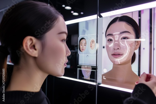 Asian Woman Experiencing AI Skin Analysis, Advanced Beauty Tech