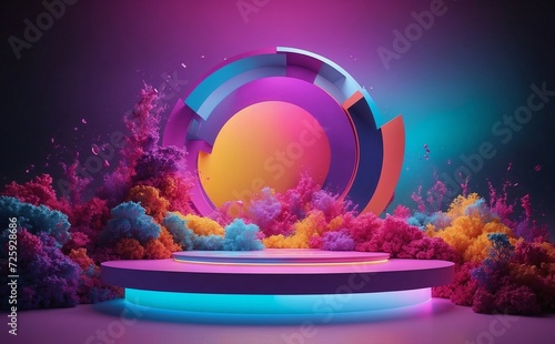 Abstract colorful minimalistic product display podium. The scene for product presentation. 3D room with geometric platform pedestal with water. Podium mockup for a product advertisement. Generated AI photo