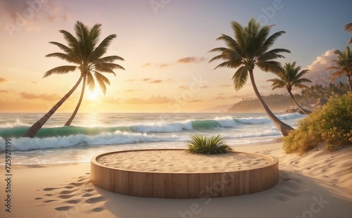 Empty rounded wooden podium for showcasing products in middle of sand and ocean and palms, sea background. Generative AI © Sanita