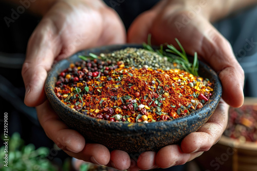 Hands holding a bowl filled with a colorful assortment of spices, legumes, and fresh herbs, showcasing the ingredients for a healthy recipe.  