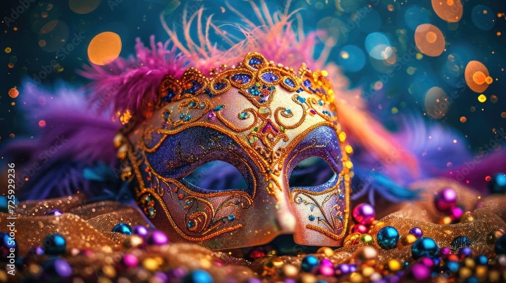 Mardi Gras mask lying on a velvet surface, surrounded by scattered colorful beads and feathers, highlighting the exquisite craftsmanship and vibrant colors typical of the festival's traditions