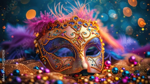 Mardi Gras mask lying on a velvet surface, surrounded by scattered colorful beads and feathers, highlighting the exquisite craftsmanship and vibrant colors typical of the festival's traditions