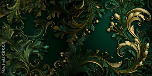 Beautiful rich green gold background with luxurious swirls