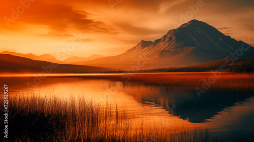 Sunset over a peaceful mountain lake  with the sky ablaze in warm orange and red. Peaceful nature and wilderness serenity