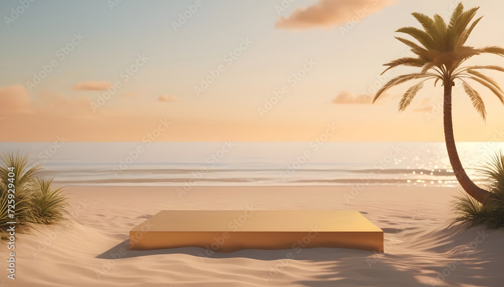 Empty quadrangular gold podium for showcasing products in middle of sand and ocean and palms, sea background. Generative AI