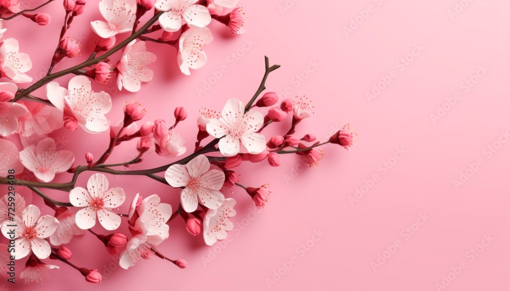 Spring flower composition. White flowers on pink pastel background. Concept for Valentine's Day, Women's Day, Mother's Day. Flat layout, top view, copy space