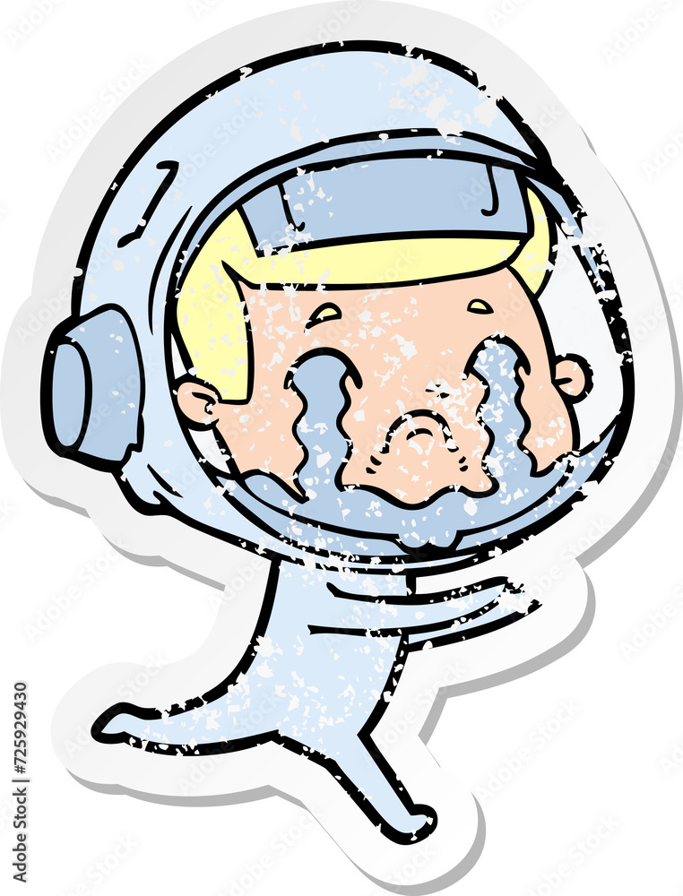 distressed sticker of a cartoon crying astronaut distressed sticker of a cartoon crying astronaut