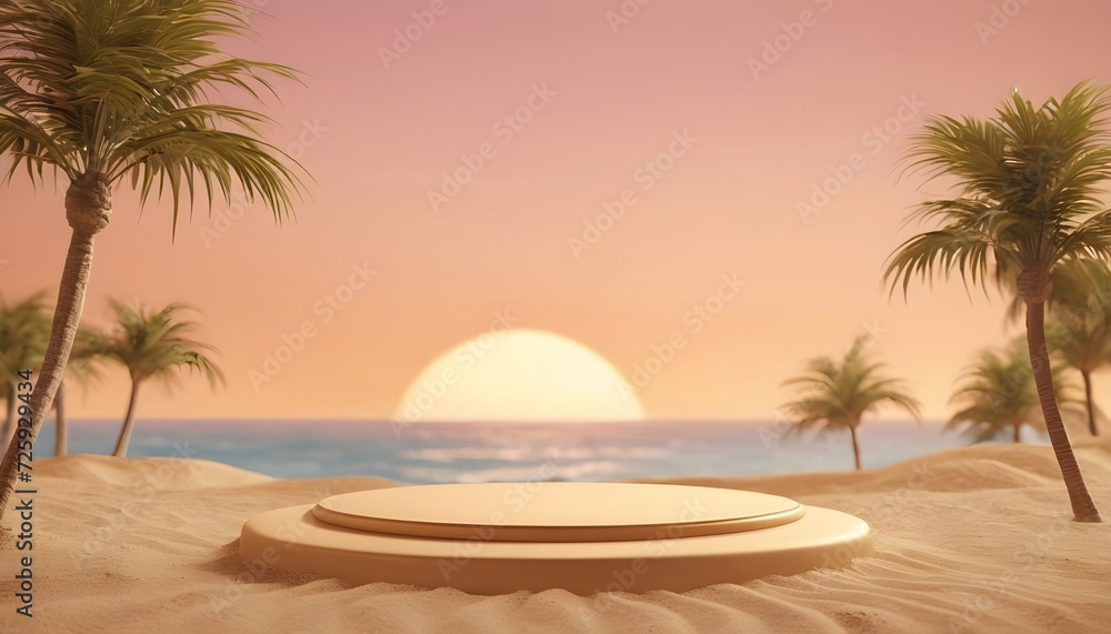 Empty rounded wooden podium for showcasing products in middle of sand and ocean and palms, sea background. Generative AI