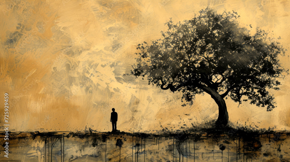 A lone figure standing beneath an expansive oak tree set against a textured golden weathered background. Copy space