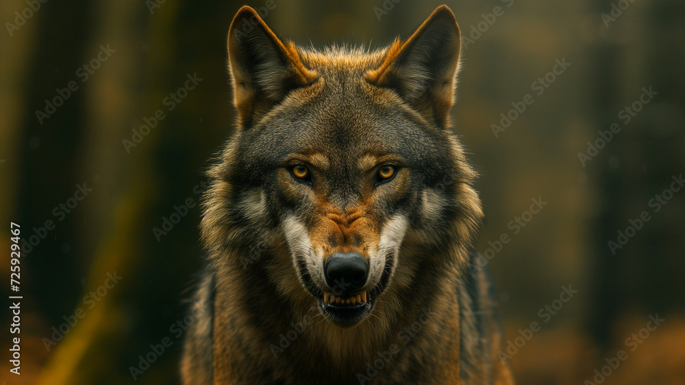 Fototapeta premium Fierce Gaze: An Angry Wolf in a Gloomy Forest