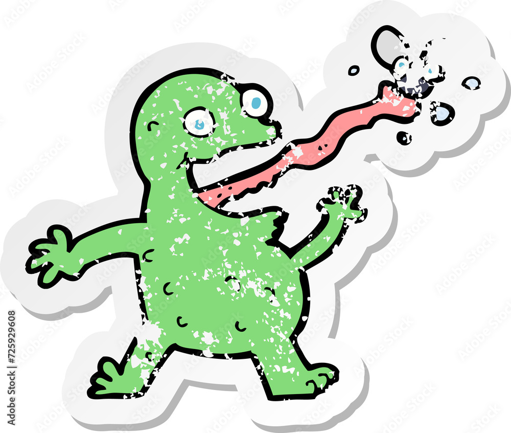 retro distressed sticker of a cartoon frog catching fly retro distressed sticker of a cartoon frog catching fly