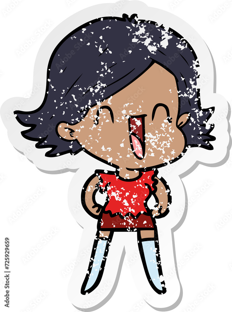 distressed sticker of a cartoon happy woman distressed sticker of a cartoon happy woman