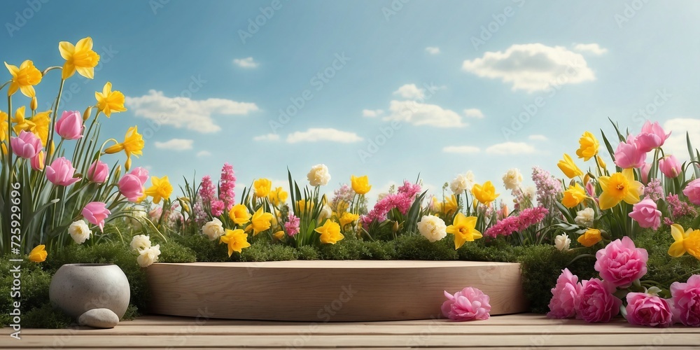 Product podium for product presentation and display with garden summer and spring flowers, floral summer background podium for cosmetic, with nature in the background. Generating AI - obrazy, fototapety, plakaty 