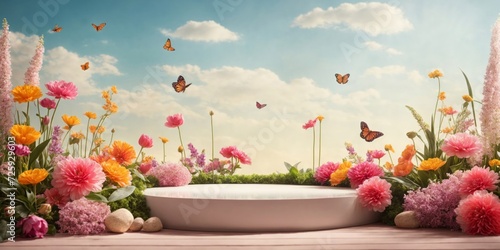 Product podium for product presentation and display with garden summer and spring flowers, floral summer background podium for cosmetic, with nature in the background. Generating AI photo