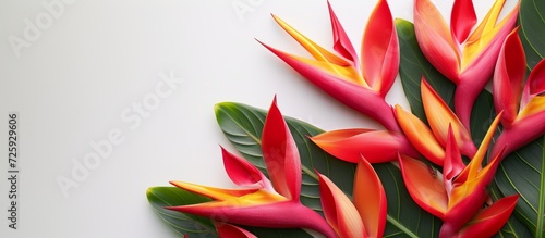 Heliconia (H rostrata Ruiz & Pavon) with stunning flowers on a white background. photo