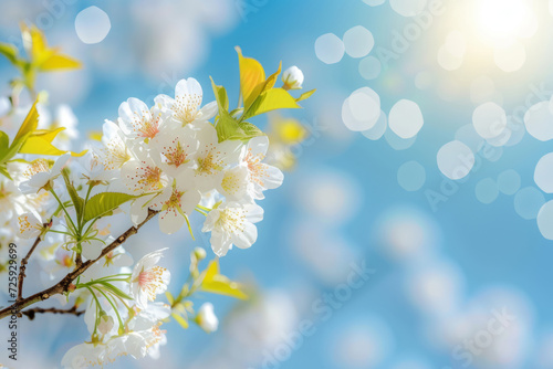 Spring banner with branches of blossoming cherry on blue sky background. Generative AI